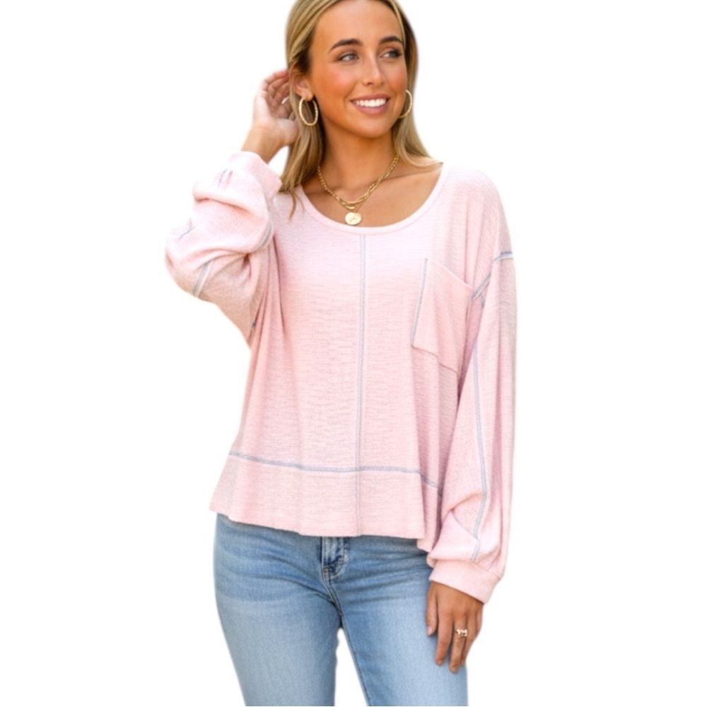 POL Blush Pink Ribbed Oversized Top Exposed Seam Pocket Boho Long Sleeve Med NEW - Picture 13 of 15